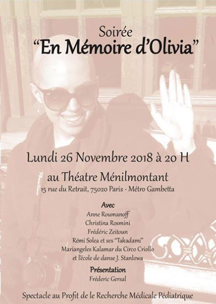 Lundi 26 novembre 2018: spectacle-hommage à Olivia au théâtre Ménilmontant Lundi 26 novembre 2018: spectacle-hommage à Olivia au théâtre Ménilmontant