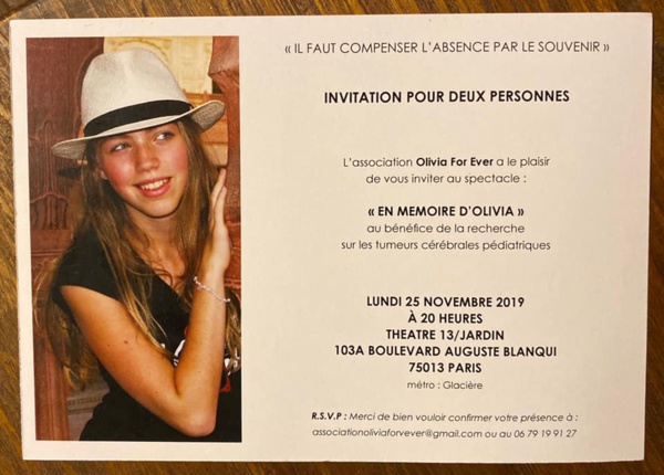 INVITATION. Lundi 25 novembre 2019: spectacle-hommage à Olivia au Théâtre 13/Jardin.  