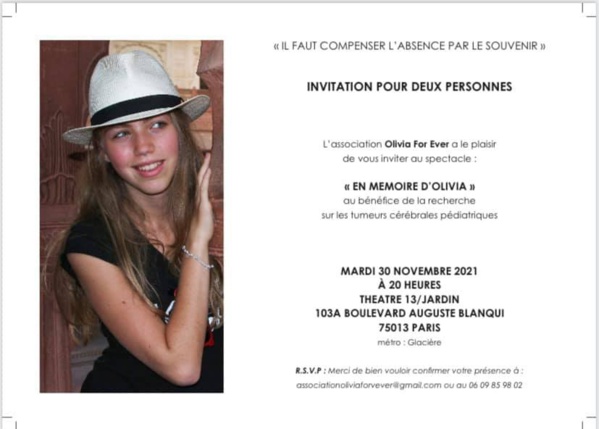 Mardi 30 novembre 2021: spectacle-hommage à Olivia au Théâtre 13/Jardin. Mardi 30 novembre 2021: spectacle-hommage à Olivia au Théâtre 13/Jardin.