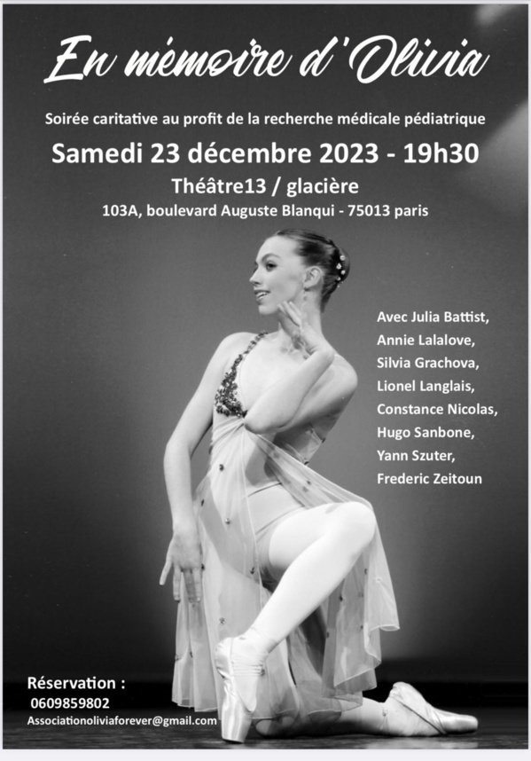Samedi 23 décembre 2023: spectacle-hommage à Olivia au Théâtre 13/Glacière 