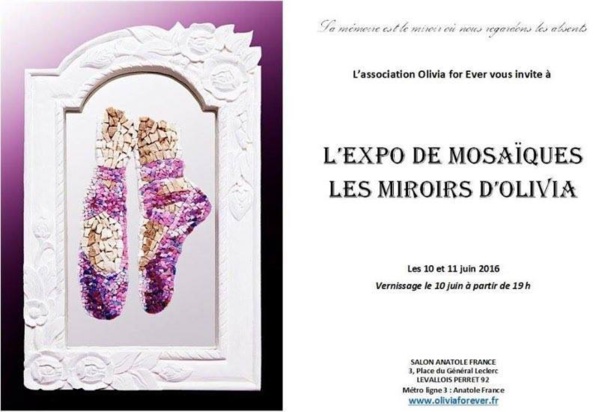 10 et 11 juin 2016: franc succès pour l'expo-vente de mosaïques “Les miroirs d'Olivia” au profit de la recherche.  